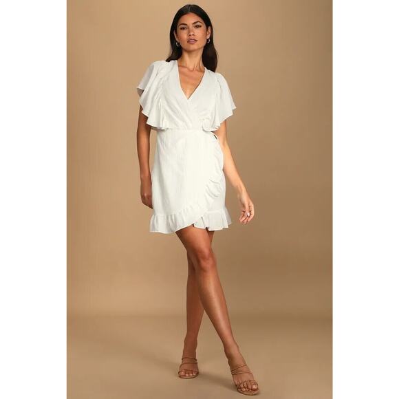 Lulu's Cute Confidence White Ruffled Faux-Wrap Mini Dress Size XL NWT - Picture 3 of 16